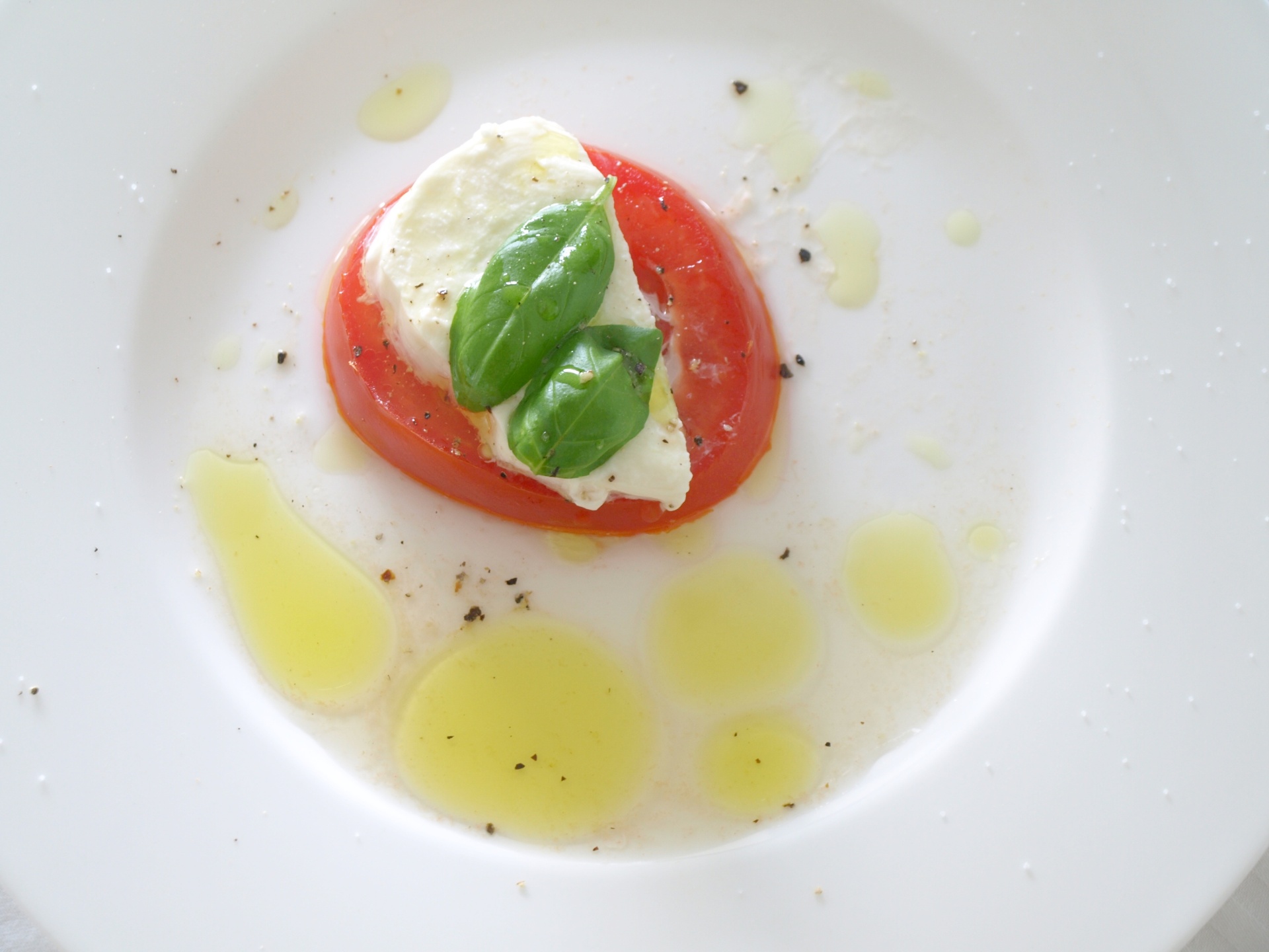 Tomatenscheibe mit Mozzarella und Basilikum