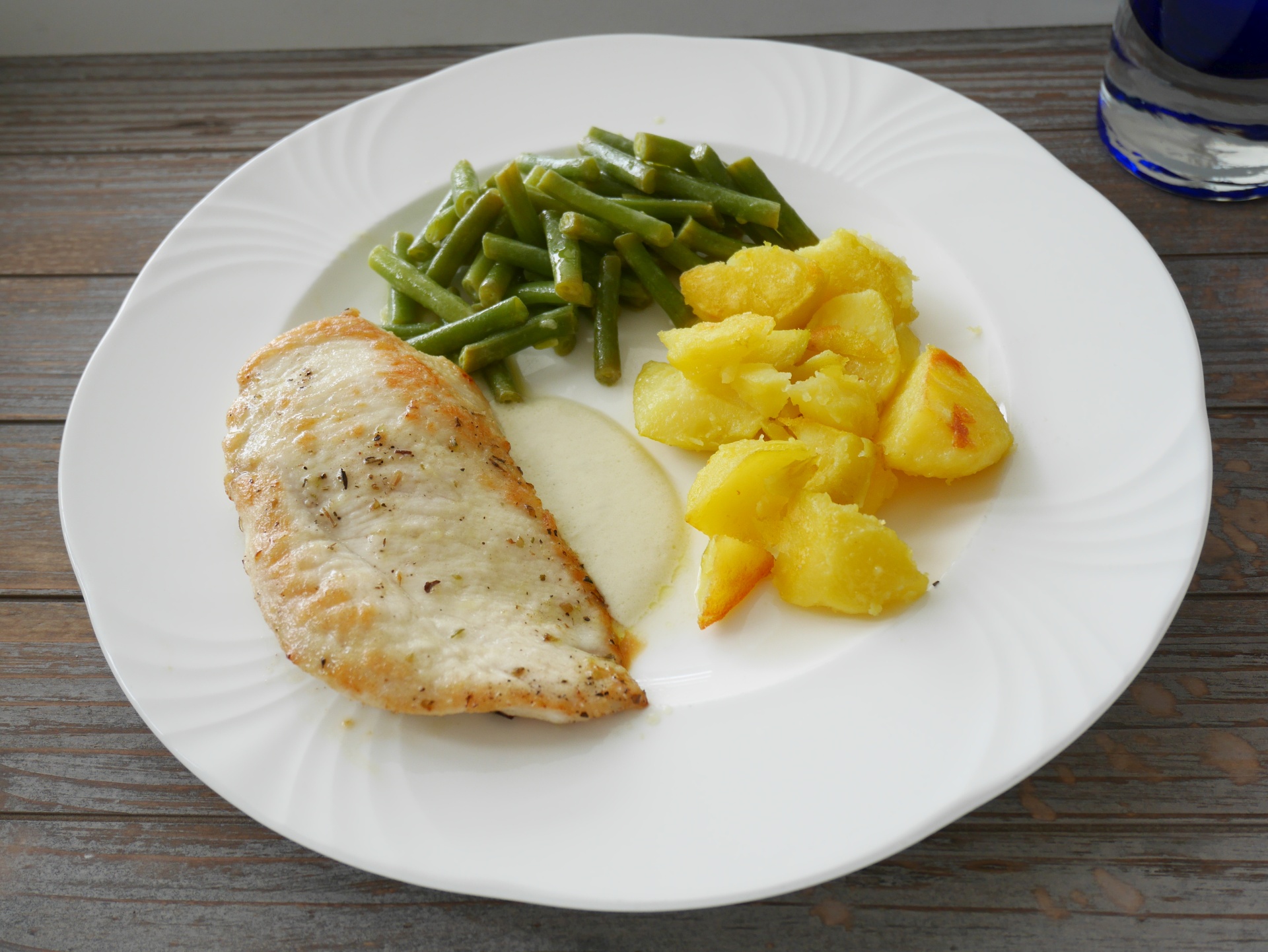 Hhnchenschnitzel mit Bratkartoffeln und
              Bohnensalat